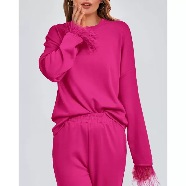 imageBTFBM Womens 2 Piece Sweatsuit Outfits Feather Trim Long Sleeve Pullover Wide Leg Pants Casual Tracksuits Lounge SetsSolid Rose Red