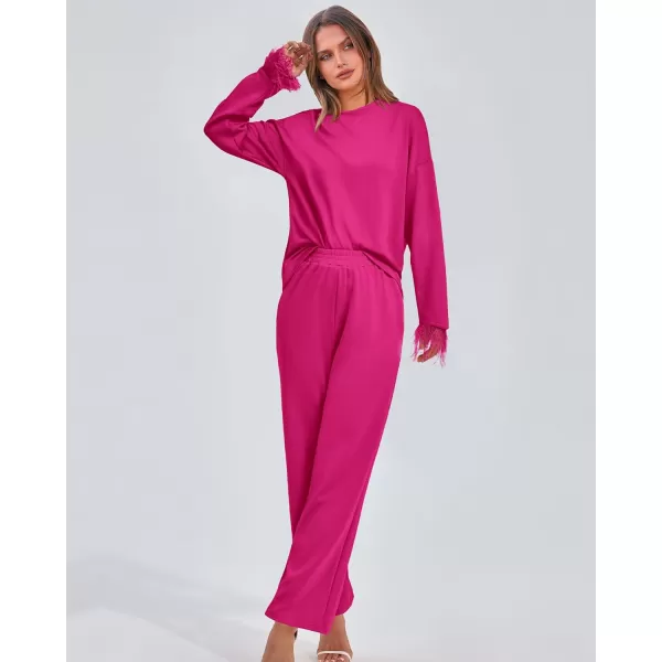 imageBTFBM Womens 2 Piece Sweatsuit Outfits Feather Trim Long Sleeve Pullover Wide Leg Pants Casual Tracksuits Lounge SetsSolid Rose Red