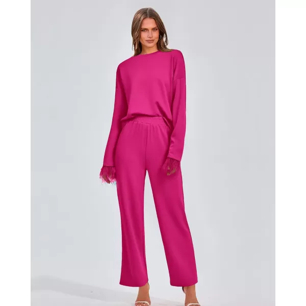 imageBTFBM Womens 2 Piece Sweatsuit Outfits Feather Trim Long Sleeve Pullover Wide Leg Pants Casual Tracksuits Lounge SetsSolid Rose Red