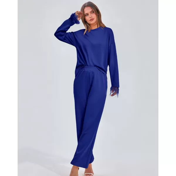 imageBTFBM Womens 2 Piece Sweatsuit Outfits Feather Trim Long Sleeve Pullover Wide Leg Pants Casual Tracksuits Lounge SetsSolid Royal Blue