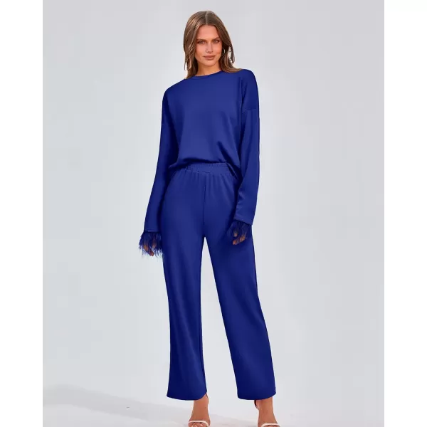 imageBTFBM Womens 2 Piece Sweatsuit Outfits Feather Trim Long Sleeve Pullover Wide Leg Pants Casual Tracksuits Lounge SetsSolid Royal Blue