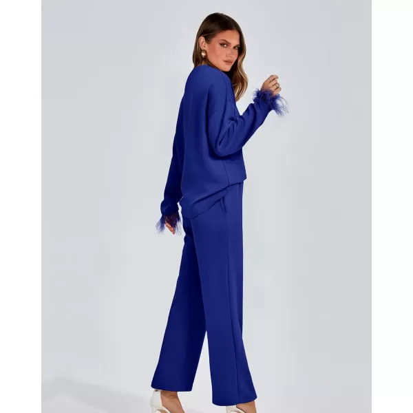 imageBTFBM Womens 2 Piece Sweatsuit Outfits Feather Trim Long Sleeve Pullover Wide Leg Pants Casual Tracksuits Lounge SetsSolid Royal Blue