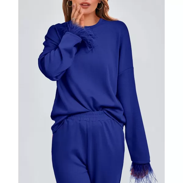 imageBTFBM Womens 2 Piece Sweatsuit Outfits Feather Trim Long Sleeve Pullover Wide Leg Pants Casual Tracksuits Lounge SetsSolid Royal Blue