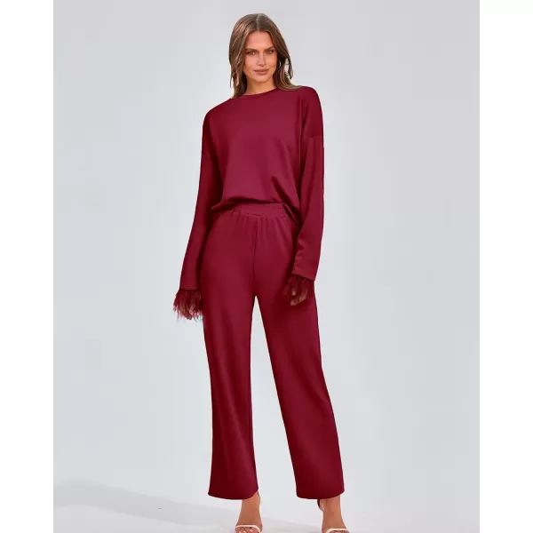 imageBTFBM Womens 2 Piece Sweatsuit Outfits Feather Trim Long Sleeve Pullover Wide Leg Pants Casual Tracksuits Lounge SetsSolid Wine Red