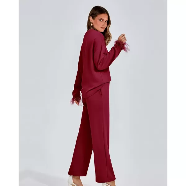 imageBTFBM Womens 2 Piece Sweatsuit Outfits Feather Trim Long Sleeve Pullover Wide Leg Pants Casual Tracksuits Lounge SetsSolid Wine Red