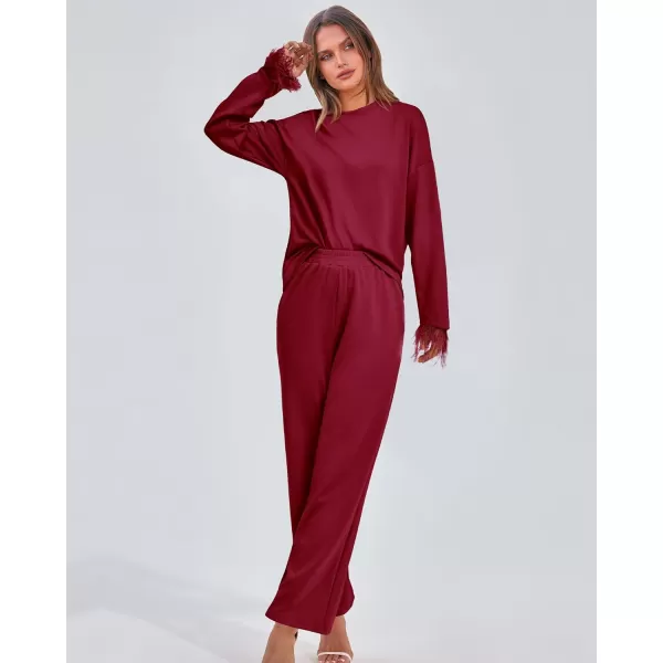 imageBTFBM Womens 2 Piece Sweatsuit Outfits Feather Trim Long Sleeve Pullover Wide Leg Pants Casual Tracksuits Lounge SetsSolid Wine Red