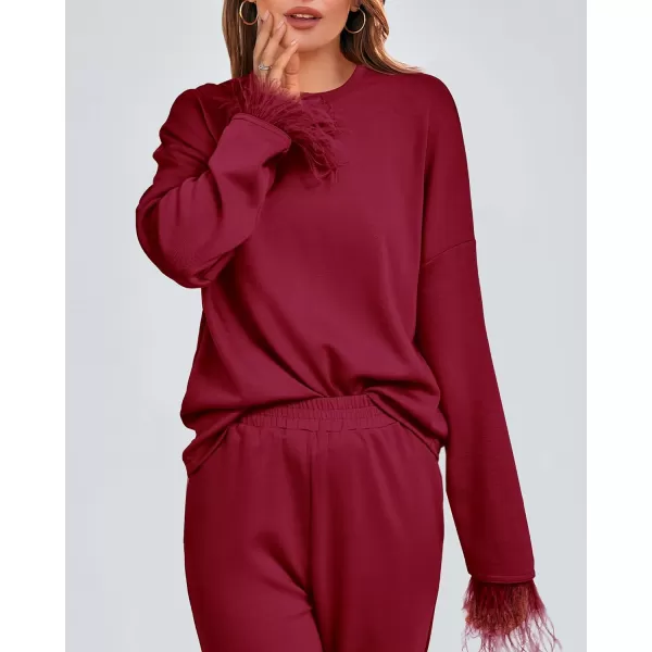 imageBTFBM Womens 2 Piece Sweatsuit Outfits Feather Trim Long Sleeve Pullover Wide Leg Pants Casual Tracksuits Lounge SetsSolid Wine Red