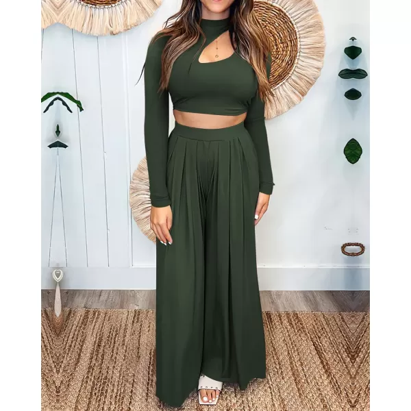 imageBTFBM Womens 2 Piece Tracksuit Outfits Cutout Long Sleeve Crop Top Wide Leg Pant Ribbed Knit Sweatsuits Yoga Lounge SetSolid Army Green