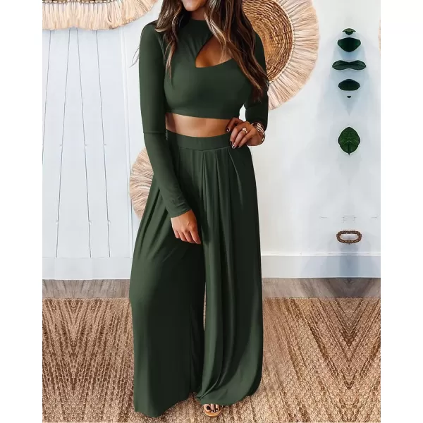 imageBTFBM Womens 2 Piece Tracksuit Outfits Cutout Long Sleeve Crop Top Wide Leg Pant Ribbed Knit Sweatsuits Yoga Lounge SetSolid Army Green