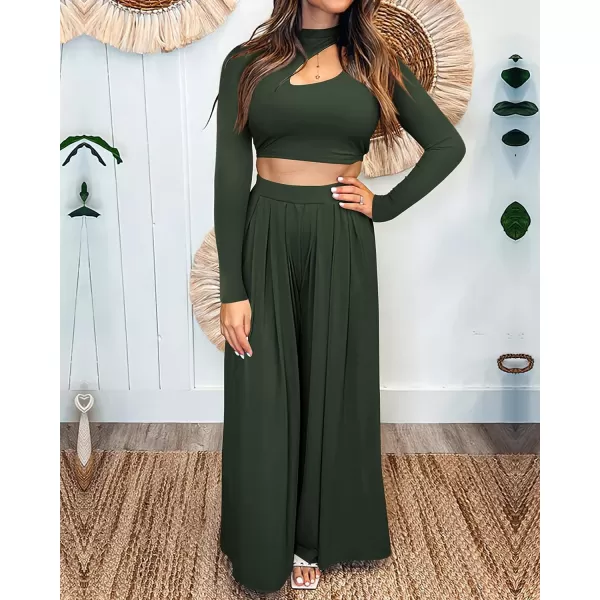 imageBTFBM Womens 2 Piece Tracksuit Outfits Cutout Long Sleeve Crop Top Wide Leg Pant Ribbed Knit Sweatsuits Yoga Lounge SetSolid Army Green