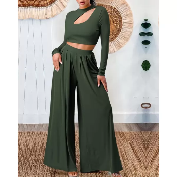 imageBTFBM Womens 2 Piece Tracksuit Outfits Cutout Long Sleeve Crop Top Wide Leg Pant Ribbed Knit Sweatsuits Yoga Lounge SetSolid Army Green