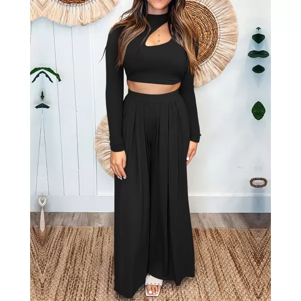 imageBTFBM Womens 2 Piece Tracksuit Outfits Cutout Long Sleeve Crop Top Wide Leg Pant Ribbed Knit Sweatsuits Yoga Lounge SetSolid Black