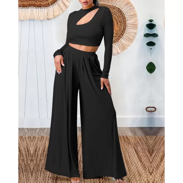 imageBTFBM Womens 2 Piece Tracksuit Outfits Cutout Long Sleeve Crop Top Wide Leg Pant Ribbed Knit Sweatsuits Yoga Lounge SetSolid Black