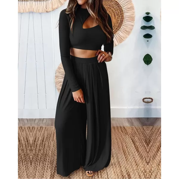 imageBTFBM Womens 2 Piece Tracksuit Outfits Cutout Long Sleeve Crop Top Wide Leg Pant Ribbed Knit Sweatsuits Yoga Lounge SetSolid Black