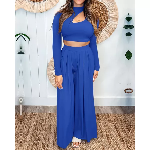 imageBTFBM Womens 2 Piece Tracksuit Outfits Cutout Long Sleeve Crop Top Wide Leg Pant Ribbed Knit Sweatsuits Yoga Lounge SetSolid Blue