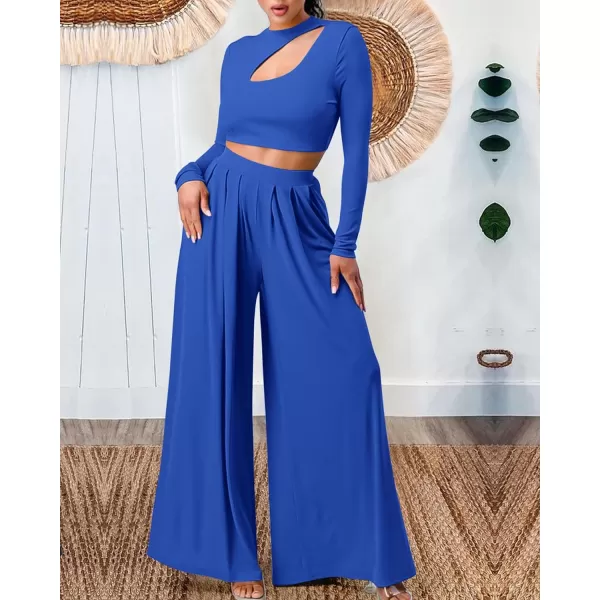 imageBTFBM Womens 2 Piece Tracksuit Outfits Cutout Long Sleeve Crop Top Wide Leg Pant Ribbed Knit Sweatsuits Yoga Lounge SetSolid Blue
