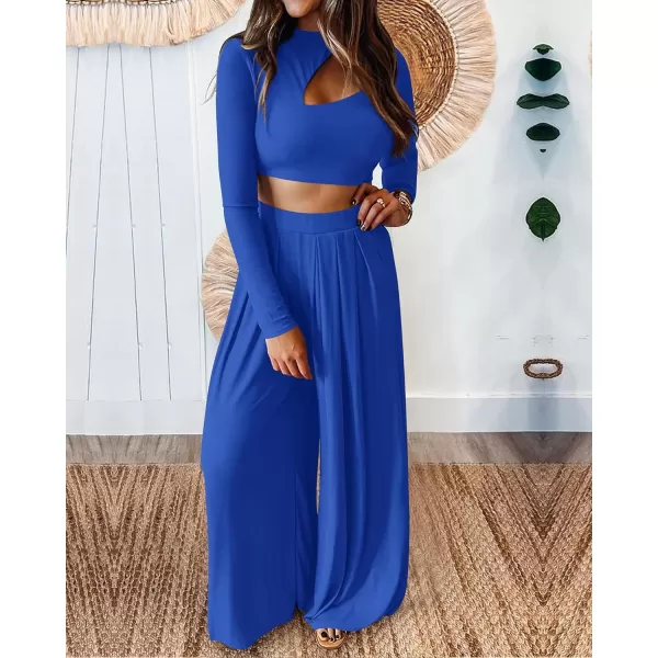imageBTFBM Womens 2 Piece Tracksuit Outfits Cutout Long Sleeve Crop Top Wide Leg Pant Ribbed Knit Sweatsuits Yoga Lounge SetSolid Blue