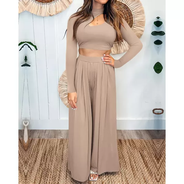 imageBTFBM Womens 2 Piece Tracksuit Outfits Cutout Long Sleeve Crop Top Wide Leg Pant Ribbed Knit Sweatsuits Yoga Lounge SetSolid Khaki