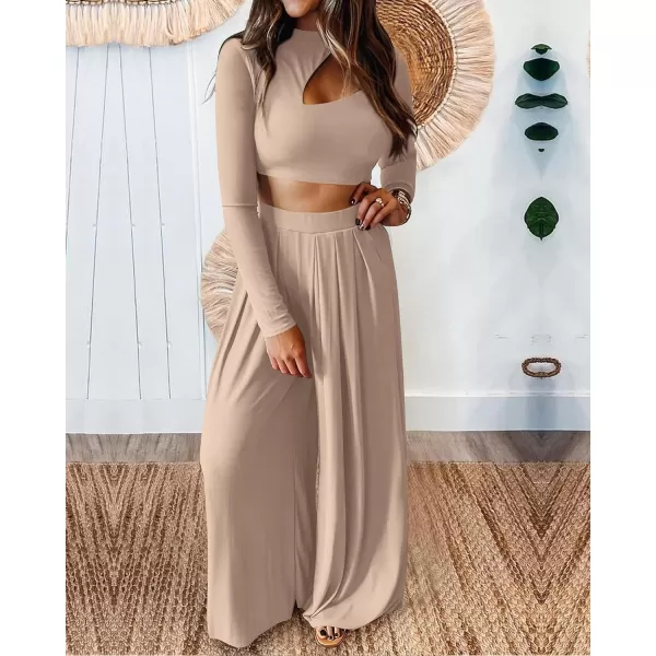 imageBTFBM Womens 2 Piece Tracksuit Outfits Cutout Long Sleeve Crop Top Wide Leg Pant Ribbed Knit Sweatsuits Yoga Lounge SetSolid Khaki