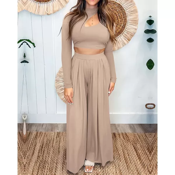 imageBTFBM Womens 2 Piece Tracksuit Outfits Cutout Long Sleeve Crop Top Wide Leg Pant Ribbed Knit Sweatsuits Yoga Lounge SetSolid Khaki