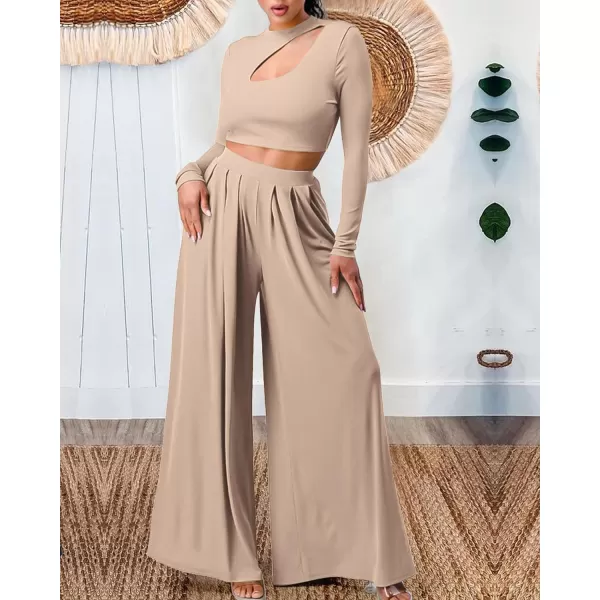 imageBTFBM Womens 2 Piece Tracksuit Outfits Cutout Long Sleeve Crop Top Wide Leg Pant Ribbed Knit Sweatsuits Yoga Lounge SetSolid Khaki