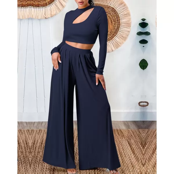 imageBTFBM Womens 2 Piece Tracksuit Outfits Cutout Long Sleeve Crop Top Wide Leg Pant Ribbed Knit Sweatsuits Yoga Lounge SetSolid Navy