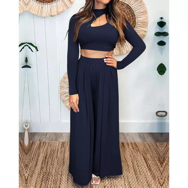 imageBTFBM Womens 2 Piece Tracksuit Outfits Cutout Long Sleeve Crop Top Wide Leg Pant Ribbed Knit Sweatsuits Yoga Lounge SetSolid Navy