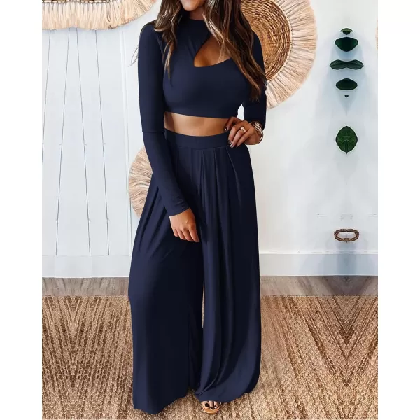 imageBTFBM Womens 2 Piece Tracksuit Outfits Cutout Long Sleeve Crop Top Wide Leg Pant Ribbed Knit Sweatsuits Yoga Lounge SetSolid Navy