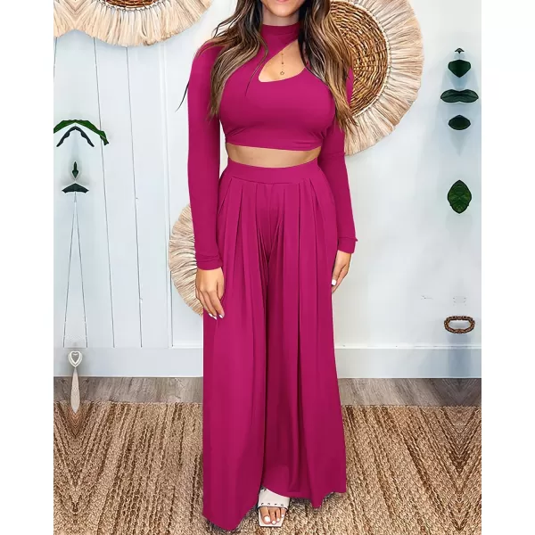 imageBTFBM Womens 2 Piece Tracksuit Outfits Cutout Long Sleeve Crop Top Wide Leg Pant Ribbed Knit Sweatsuits Yoga Lounge SetSolid Rose Red