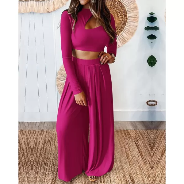 imageBTFBM Womens 2 Piece Tracksuit Outfits Cutout Long Sleeve Crop Top Wide Leg Pant Ribbed Knit Sweatsuits Yoga Lounge SetSolid Rose Red
