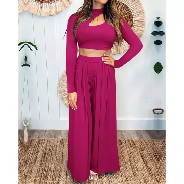 imageBTFBM Womens 2 Piece Tracksuit Outfits Cutout Long Sleeve Crop Top Wide Leg Pant Ribbed Knit Sweatsuits Yoga Lounge SetSolid Rose Red