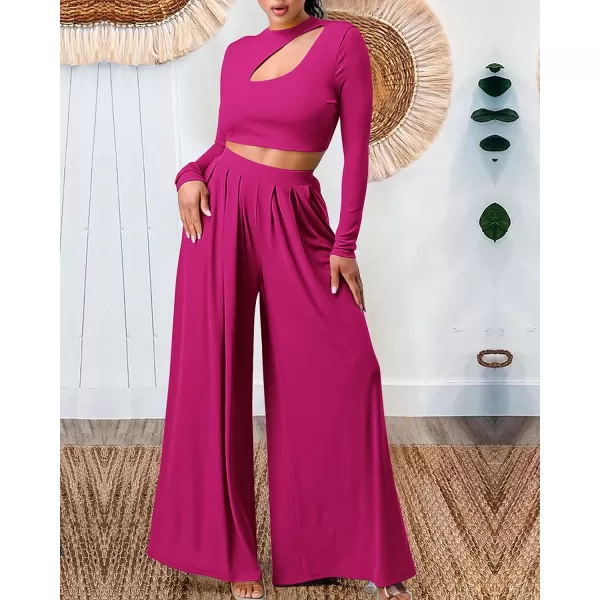 imageBTFBM Womens 2 Piece Tracksuit Outfits Cutout Long Sleeve Crop Top Wide Leg Pant Ribbed Knit Sweatsuits Yoga Lounge SetSolid Rose Red