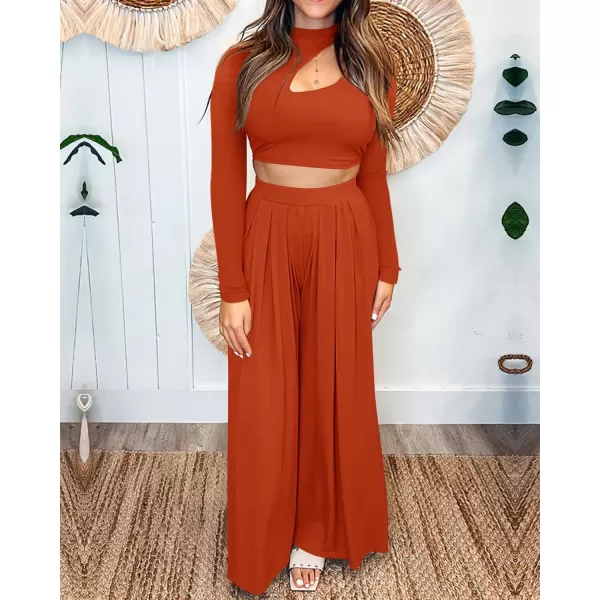 imageBTFBM Womens 2 Piece Tracksuit Outfits Cutout Long Sleeve Crop Top Wide Leg Pant Ribbed Knit Sweatsuits Yoga Lounge SetSolid Rust Red