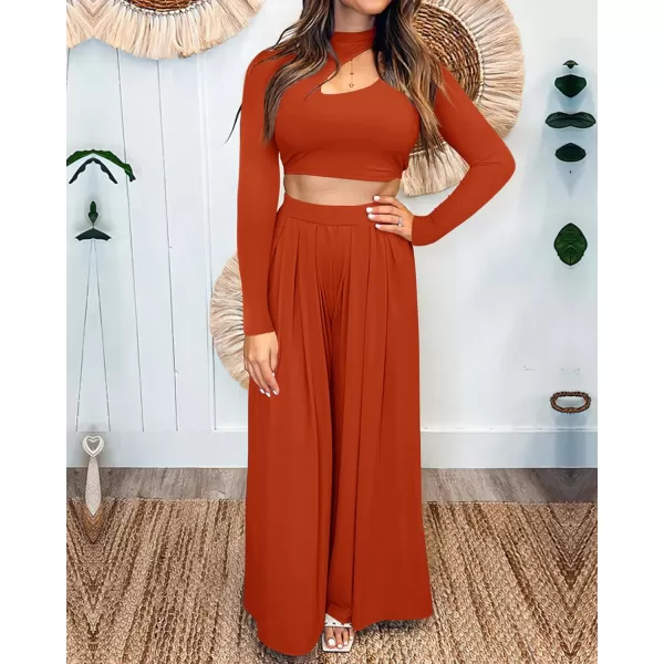 imageBTFBM Womens 2 Piece Tracksuit Outfits Cutout Long Sleeve Crop Top Wide Leg Pant Ribbed Knit Sweatsuits Yoga Lounge SetSolid Rust Red