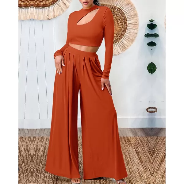imageBTFBM Womens 2 Piece Tracksuit Outfits Cutout Long Sleeve Crop Top Wide Leg Pant Ribbed Knit Sweatsuits Yoga Lounge SetSolid Rust Red