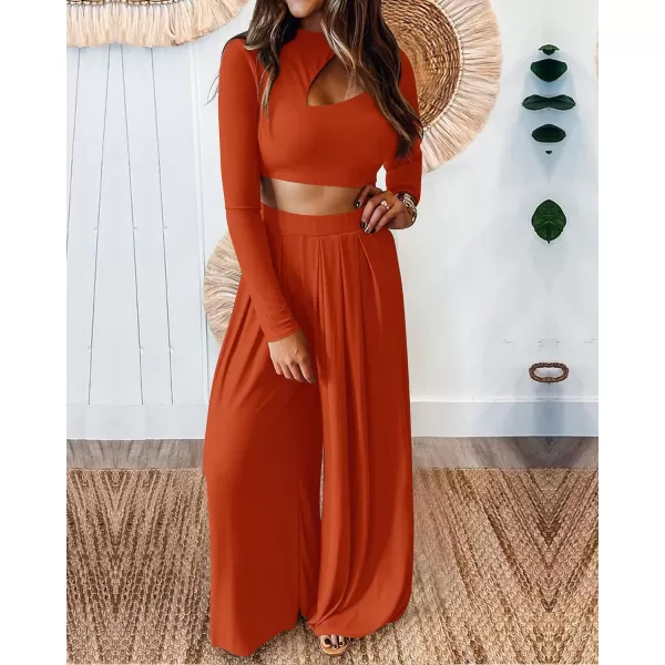 imageBTFBM Womens 2 Piece Tracksuit Outfits Cutout Long Sleeve Crop Top Wide Leg Pant Ribbed Knit Sweatsuits Yoga Lounge SetSolid Rust Red