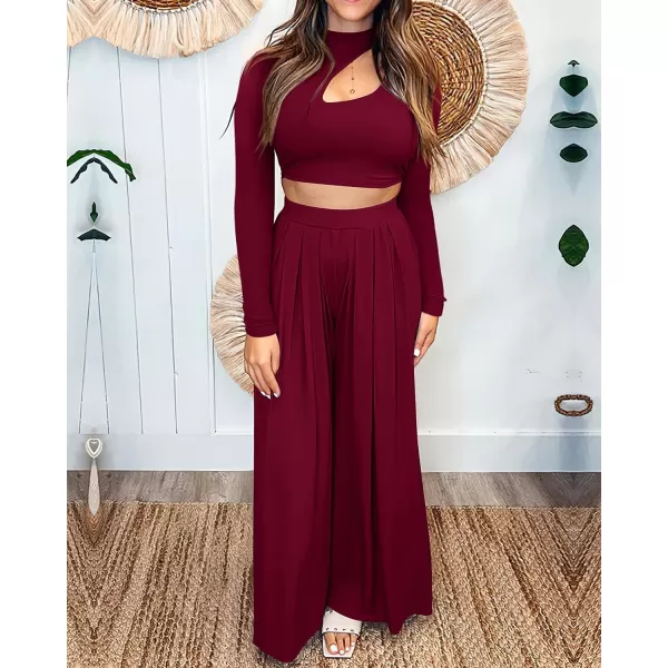 imageBTFBM Womens 2 Piece Tracksuit Outfits Cutout Long Sleeve Crop Top Wide Leg Pant Ribbed Knit Sweatsuits Yoga Lounge SetSolid Wine Red