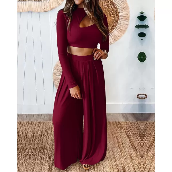 imageBTFBM Womens 2 Piece Tracksuit Outfits Cutout Long Sleeve Crop Top Wide Leg Pant Ribbed Knit Sweatsuits Yoga Lounge SetSolid Wine Red
