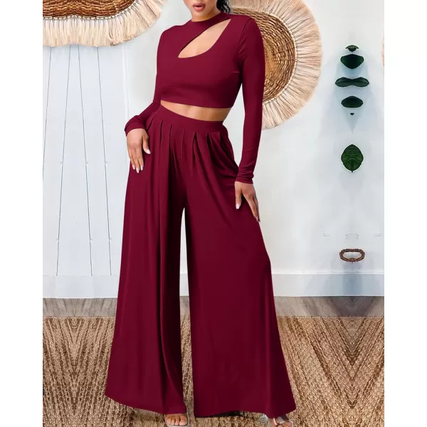 imageBTFBM Womens 2 Piece Tracksuit Outfits Cutout Long Sleeve Crop Top Wide Leg Pant Ribbed Knit Sweatsuits Yoga Lounge SetSolid Wine Red