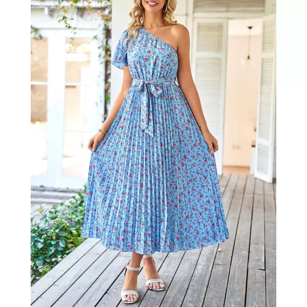 imageBTFBM Womens 2023 Boho Summer One Shoulder Maxi Dresses Short Sleeve Floral Solid Belted Pleated Wedding Guest DressFloral Blue