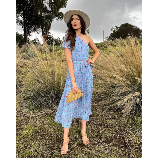 imageBTFBM Womens 2023 Boho Summer One Shoulder Maxi Dresses Short Sleeve Floral Solid Belted Pleated Wedding Guest DressFloral Blue