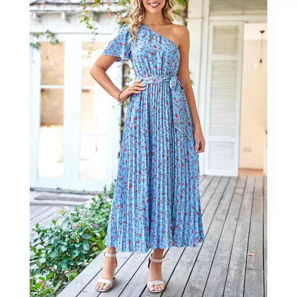 imageBTFBM Womens 2023 Boho Summer One Shoulder Maxi Dresses Short Sleeve Floral Solid Belted Pleated Wedding Guest DressFloral Blue