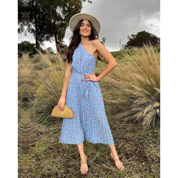 imageBTFBM Womens 2023 Boho Summer One Shoulder Maxi Dresses Short Sleeve Floral Solid Belted Pleated Wedding Guest DressFloral Blue