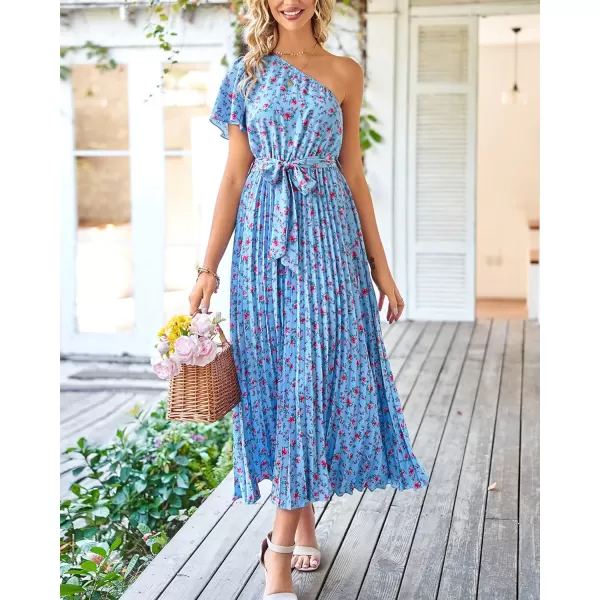 imageBTFBM Womens 2023 Boho Summer One Shoulder Maxi Dresses Short Sleeve Floral Solid Belted Pleated Wedding Guest DressFloral Blue