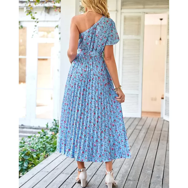 imageBTFBM Womens 2023 Boho Summer One Shoulder Maxi Dresses Short Sleeve Floral Solid Belted Pleated Wedding Guest DressFloral Blue