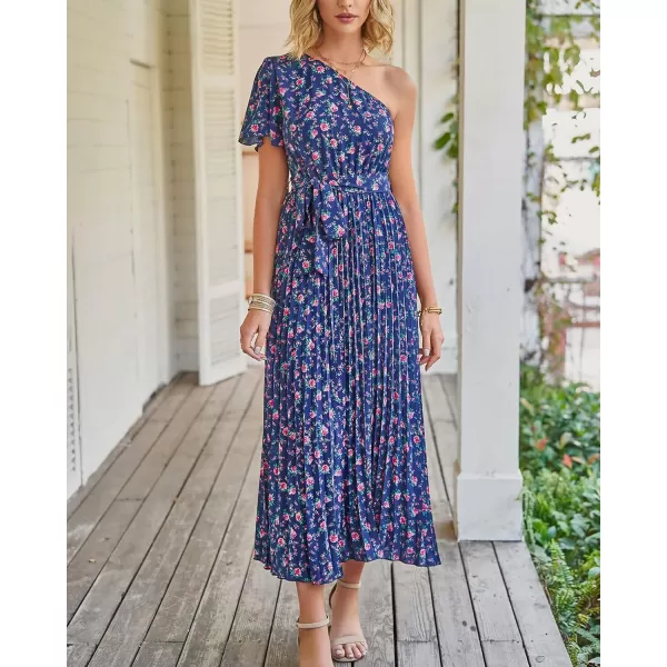 imageBTFBM Womens 2023 Boho Summer One Shoulder Maxi Dresses Short Sleeve Floral Solid Belted Pleated Wedding Guest DressFloral Navy