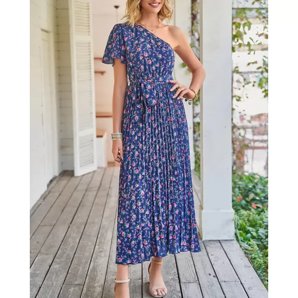 imageBTFBM Womens 2023 Boho Summer One Shoulder Maxi Dresses Short Sleeve Floral Solid Belted Pleated Wedding Guest DressFloral Navy