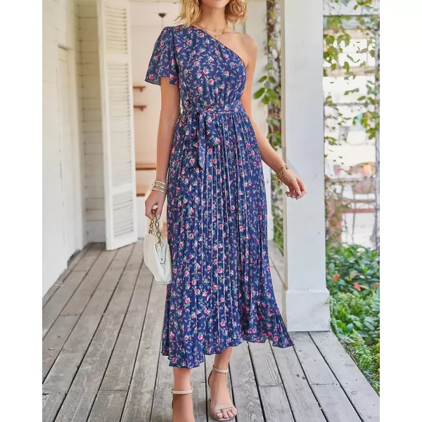 imageBTFBM Womens 2023 Boho Summer One Shoulder Maxi Dresses Short Sleeve Floral Solid Belted Pleated Wedding Guest DressFloral Navy