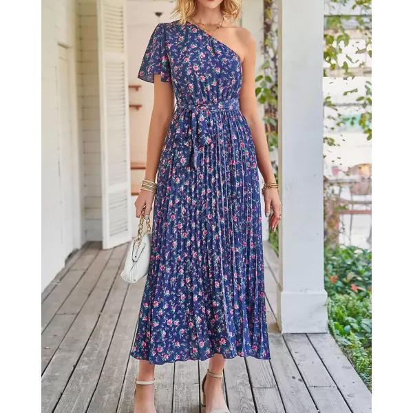 imageBTFBM Womens 2023 Boho Summer One Shoulder Maxi Dresses Short Sleeve Floral Solid Belted Pleated Wedding Guest DressFloral Navy