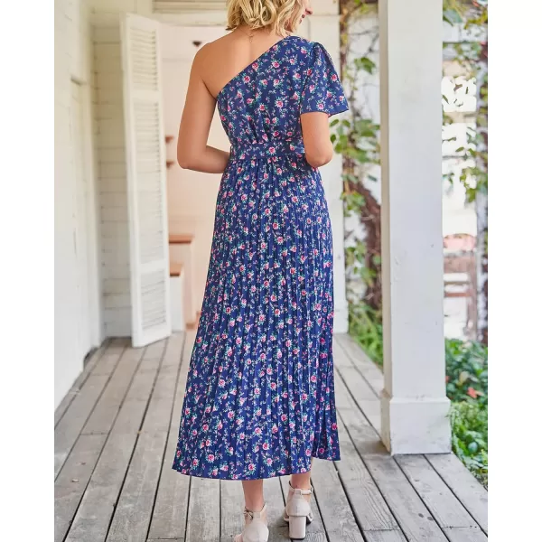 imageBTFBM Womens 2023 Boho Summer One Shoulder Maxi Dresses Short Sleeve Floral Solid Belted Pleated Wedding Guest DressFloral Navy